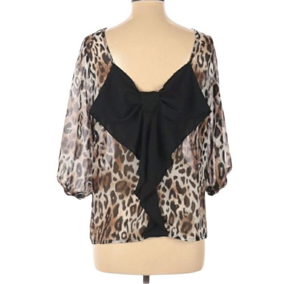 Brenda's Brown & Black Sheer Leopard Pattern 3/4 Sleeve Blouse Women's Medium - Picture 2 of 13